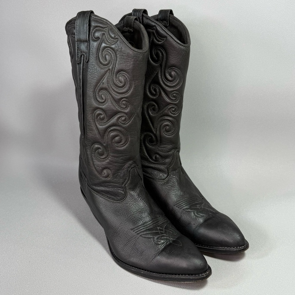 Vintage Zodiac Black Leather Heeled Cowgirl Boots - Picture 2 of 14